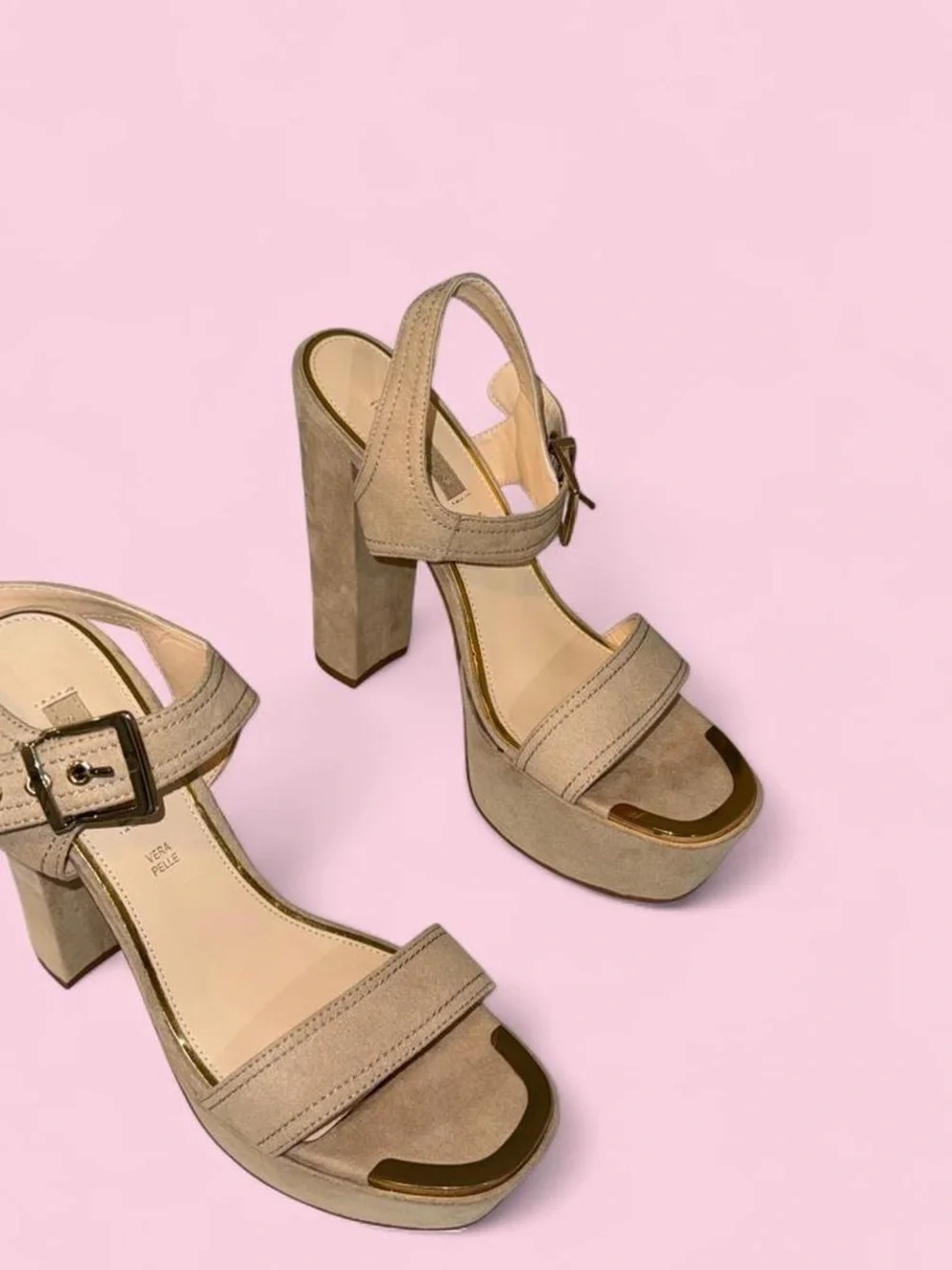 Prima Donna Taupe Suede Platform Sandals with Gold Accent